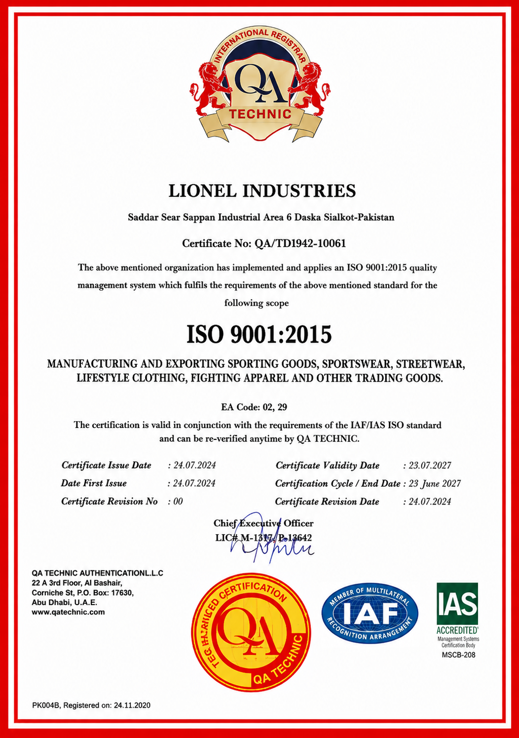 Lionel Industries ISO certificate